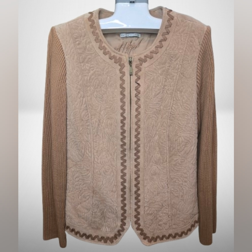 Vintage Peter Nygard Tan Textured Women's Leather And Ribbed Knit Jacket